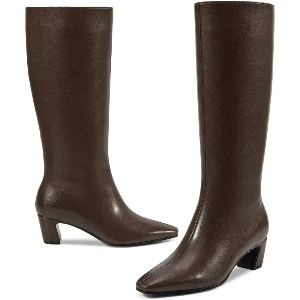 Women Brown Chunky Low Heel Square Toe Elastic Tall Boots Side Zipper PU Leavvvv